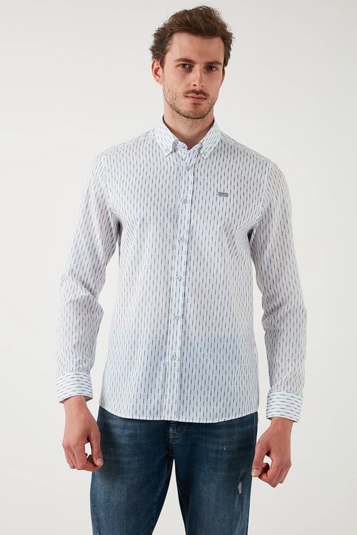 U.S. Polo Desenli Pamuklu Slim Fit Düğmeli Yaka Erkek Gömlek G081SZ0042108466 MAVİ
