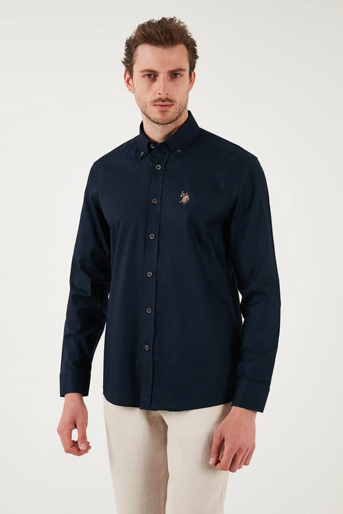 U.S. Polo % 100 Pamuk Slim Fit Düğmeli Yaka Logolu Erkek Gömlek G081SZ0042083079 LACİVERT