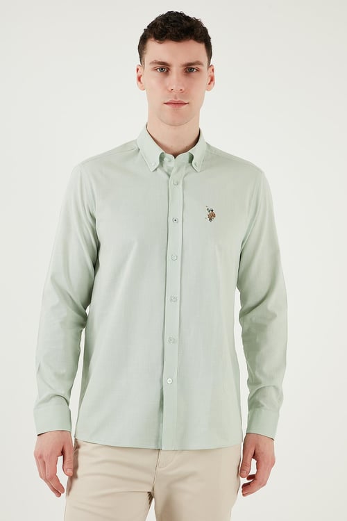 U.S. Polo % 100 Pamuk Regular Fit Düğmeli Yaka Logolu Erkek Gömlek G081GL0042084002 Su Yeşili
