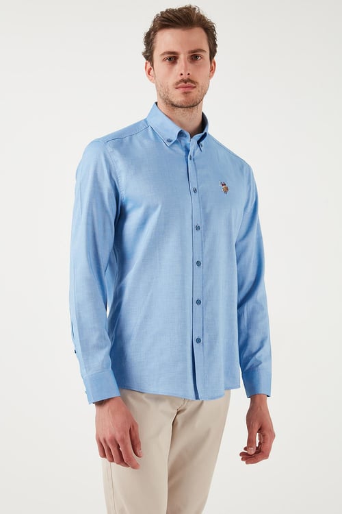 U.S. Polo % 100 Pamuk Slim Fit Düğmeli Yaka Logolu Erkek Gömlek G081SZ0042082904 Kobalt