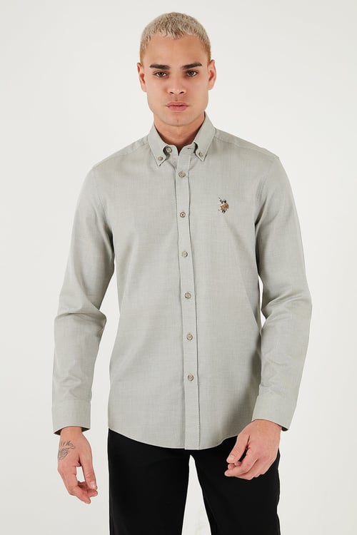 U.S. Polo Pamuklu Slim Fit Logolu Uzun Kollu Erkek Gömlek G081SZ0042225619 Açık Haki