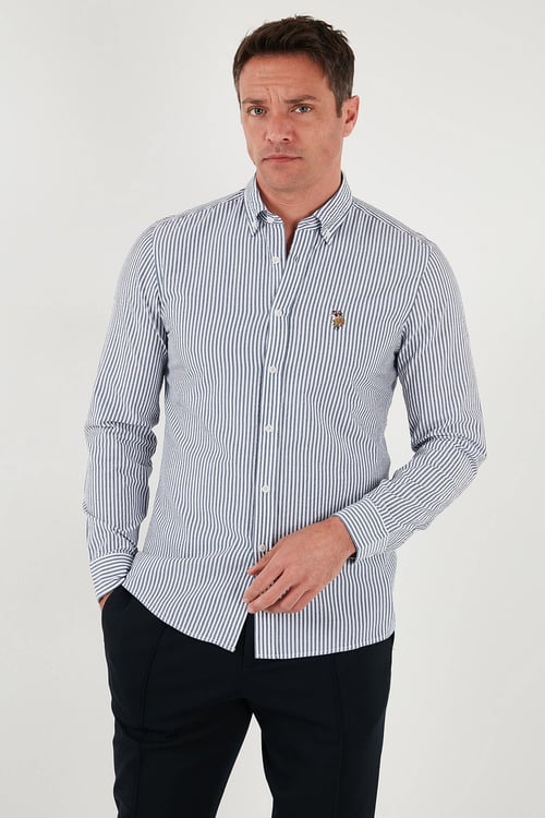 U.S. Polo Çizgili Pamuklu Slim Fit Düğmeli Yaka Erkek Gömlek G081SZ0042103065 AÇIK LACİVERT