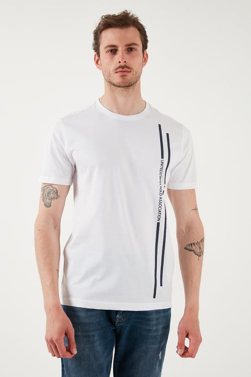 U.S. Polo % 100 Pamuk Regular Fit Bisiklet Yaka Şerit Logolu Erkek T Shirt G081SZ0112104061 BEYAZ