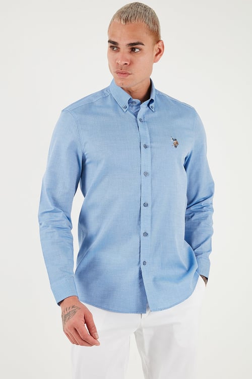 U.S. Polo Pamuklu Slim Fit Logolu Uzun Kollu Erkek Gömlek G081SZ0042225619 Koyu Mavi