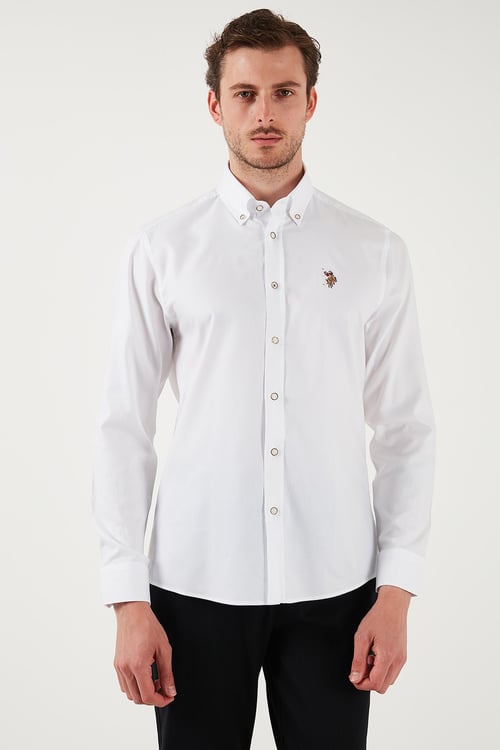 U.S. Polo % 100 Pamuk Slim Fit Düğmeli Yaka Logolu Erkek Gömlek G081SZ0042082904 BEYAZ