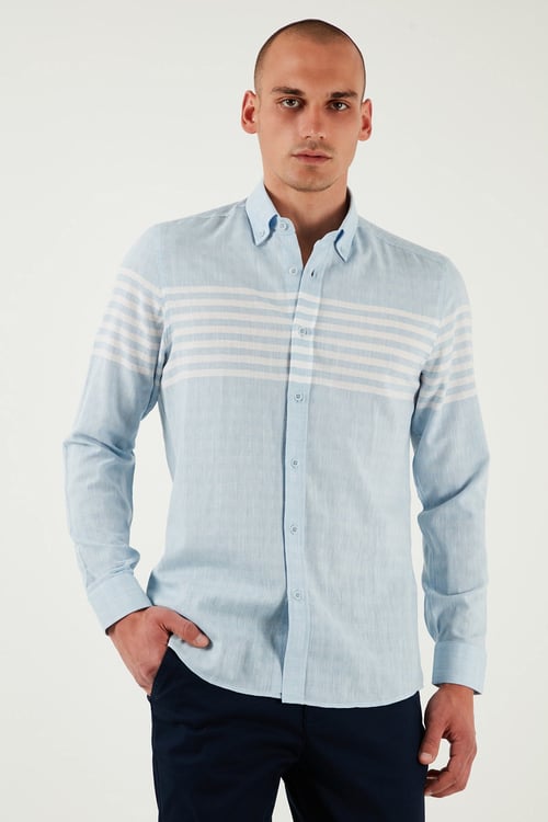 U.S. Polo Çizgili % 100 Pamuk Regular Fit Düğmeli Yaka Erkek Gömlek G081SZ0042105376 AÇIK MAVİ