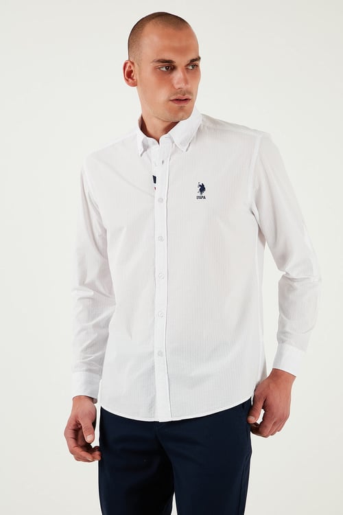 U.S. Polo % 100 Pamuk Regular Fit Logolu Çizgili Erkek Gömlek G081SZ0042170101 BEYAZ