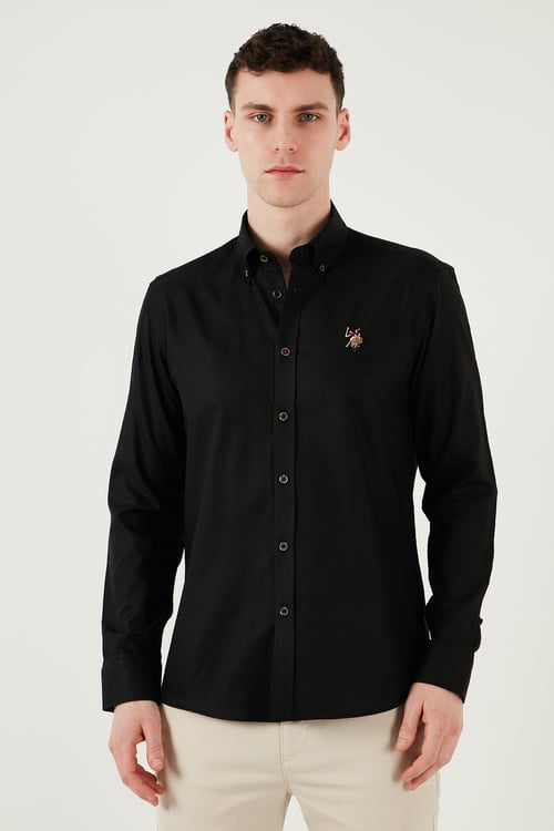 U.S. Polo % 100 Pamuk Slim Fit Düğmeli Yaka Logolu Erkek Gömlek G081SZ0042082904 SİYAH