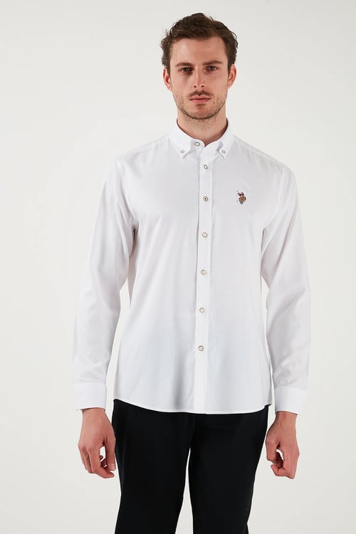 U.S. Polo % 100 Pamuk Slim Fit Düğmeli Yaka Logolu Erkek Gömlek G081SZ0042083079 BEYAZ