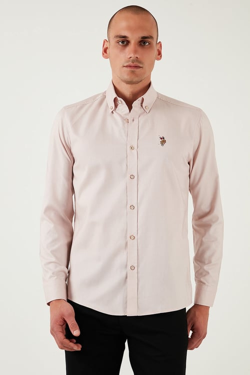 U.S. Polo % 100 Pamuk Slim Fit Düğmeli Yaka Logolu Erkek Gömlek G081SZ0042082904 PUDRA