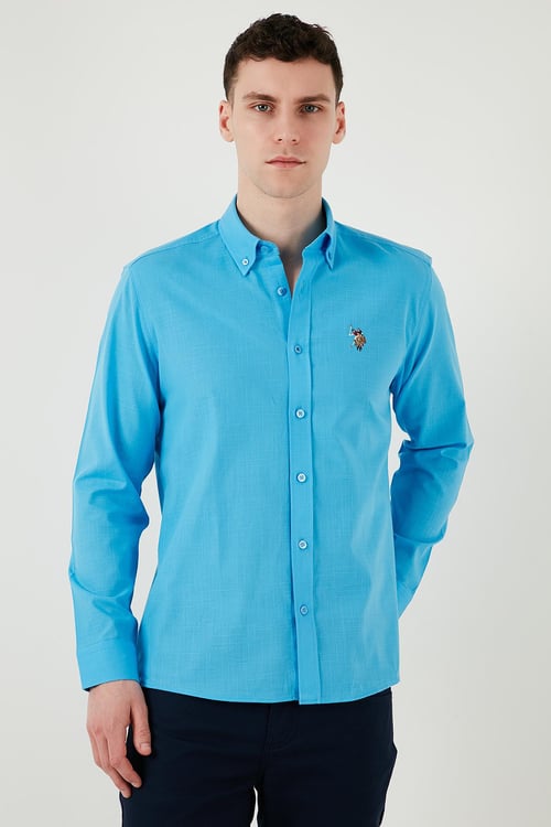 U.S. Polo % 100 Pamuk Regular Fit Düğmeli Yaka Logolu Erkek Gömlek G081GL0042084002 TURKUAZ
