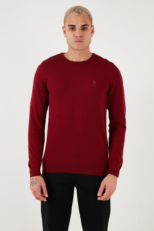 U.S. Polo Pamuklu Slim Fit Logolu Bisiklet Yaka Erkek Kazak G081SZ0TK2226959 BORDO