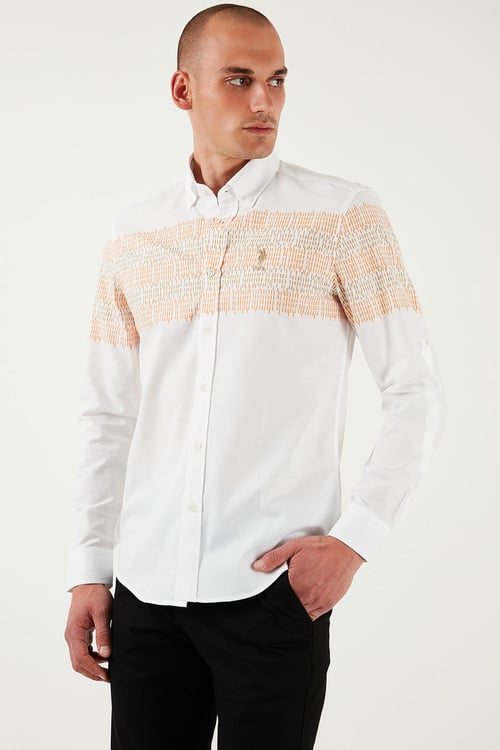 U.S. Polo Desenli % 100 Pamuk Slim Fit Düğmeli Yaka Erkek Gömlek G081SZ0042105832 Camel