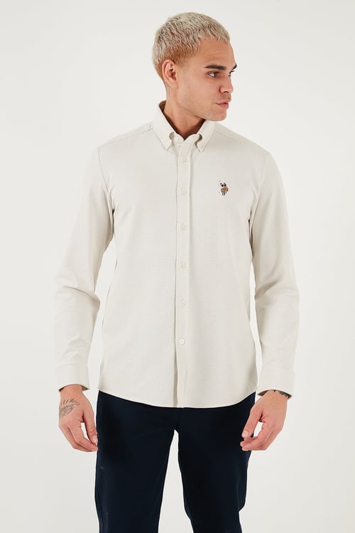 U.S. Polo Pamuk Karışımlı Logolu Uzun Kollu Erkek Gömlek G081SZ0OG2335721 EKRU