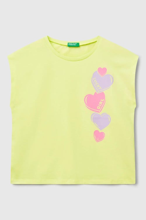 United Colors Of Benetton % 100 Pamuk Regular Fit Baskılı Kız Çocuk T Shirt 3JERC10PB SARI