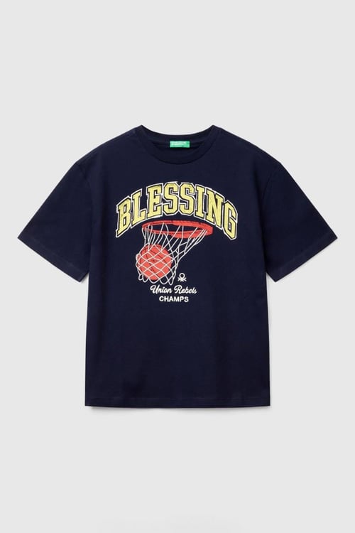 United Colors Of Benetton Baskılı Oversize Fit Pamuklu Bisiklet Yaka Erkek Çocuk T Shirt 3I1XC10O4 LACİVERT