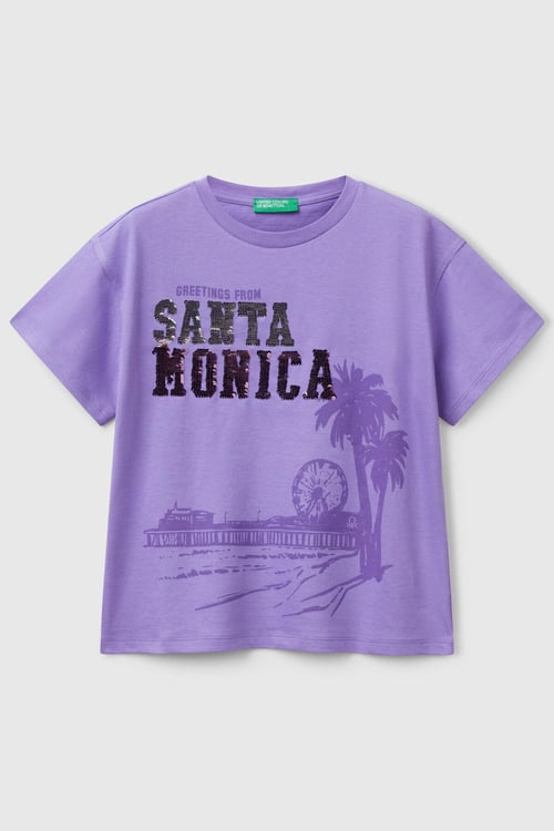 United Colors Of Benetton Pamuklu Payetli Boxy Fit Bisiklet Yaka Kız Çocuk T Shirt 3I1XC10NY MOR
