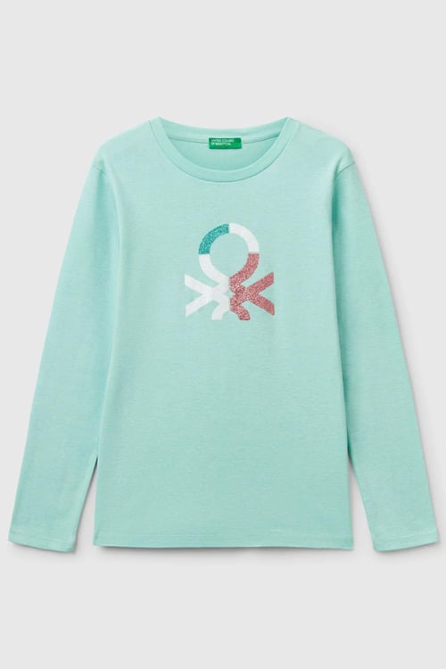 United Colors Of Benetton Pamuklu Simli Logo Baskılı Regular Fit Uzun Kollu Kız Çocuk T Shirt 3I9WC10MY MİNT