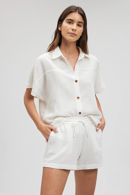 V Yaka % 100 Pamuk Kısa Kollu Loose Fit Kadın Gömlek 1210758-70057 BEYAZ