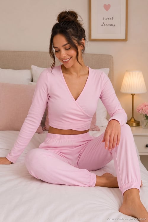 V Yaka Kruvaze Bağlamalı Crop Üst ve Jogger Alt Kadın Pijama Takımı 65780019 PEMBE