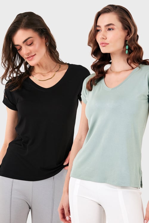 V Yaka Relaxed Fit Yırtmaç Detaylı 2'li Paket Kadın Bluz 5862000S2 SİYAH-ÇAĞLA