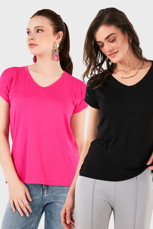 V Yaka Relaxed Fit Yırtmaç Detaylı 2'li Paket Kadın Bluz 5862000S2 Siyah-Fuşya