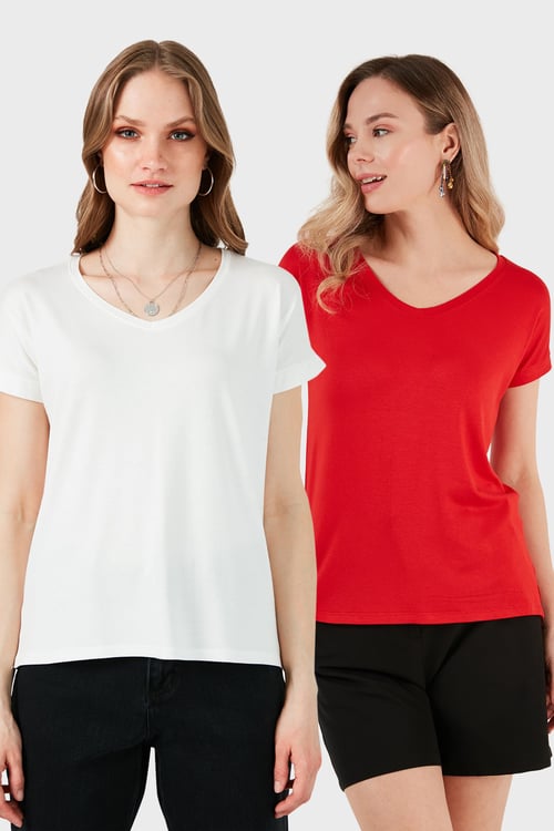 V Yaka Relaxed Fit Yırtmaç Detaylı 2'li Paket Kadın Bluz 5862000S2 EKRU-KIRMIZI