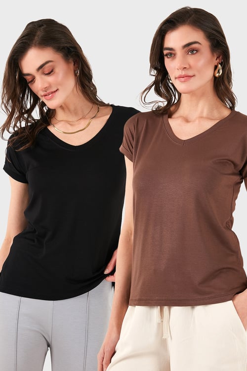 V Yaka Relaxed Fit Yırtmaç Detaylı 2'li Paket Kadın Bluz 5862000S2 SİYAH-KAHVE
