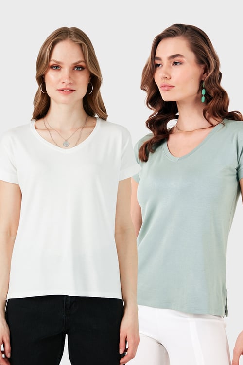 V Yaka Relaxed Fit Yırtmaç Detaylı 2'li Paket Kadın Bluz 5862000S2 EKRU-ÇAĞLA