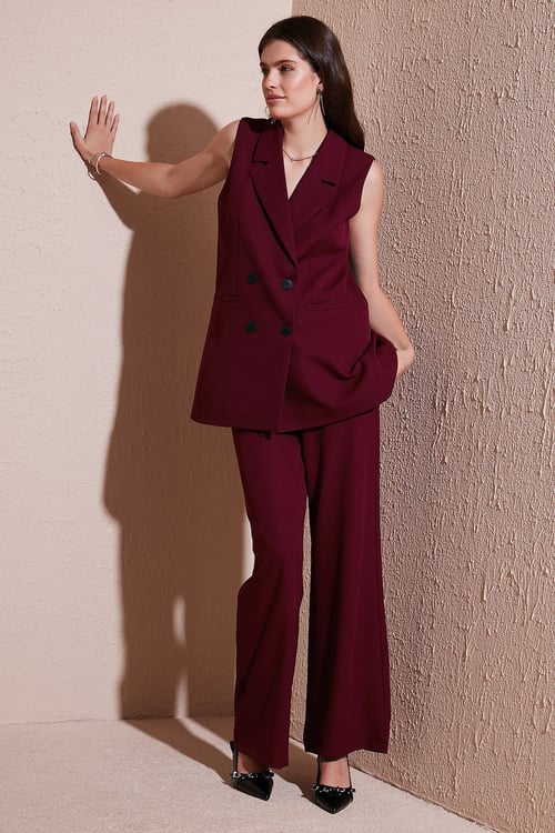 Wide Leg Orta Yüksek Bel Bol Paça Kumaş Kadın Pantolon 6522974 BORDO