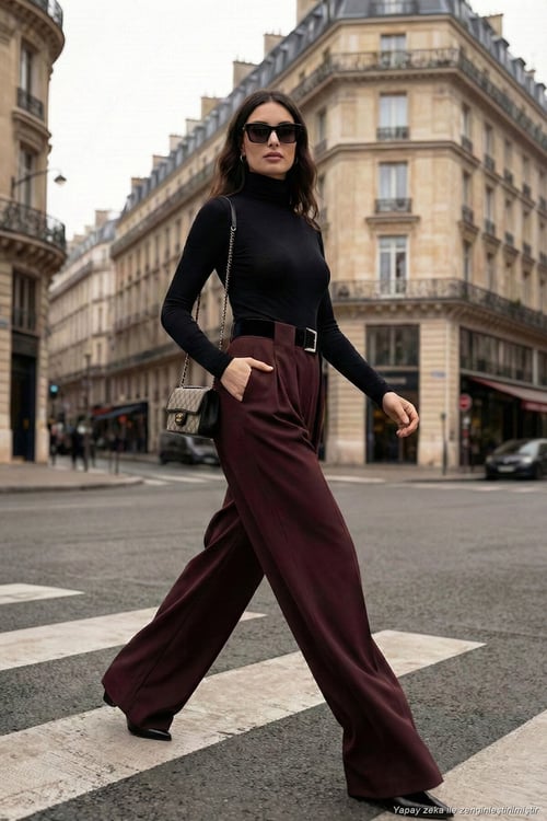 Wide Leg Yüksek Bel Bol Paça Kemer Detaylı Kadın Pantolon 6923855 MÜRDÜM