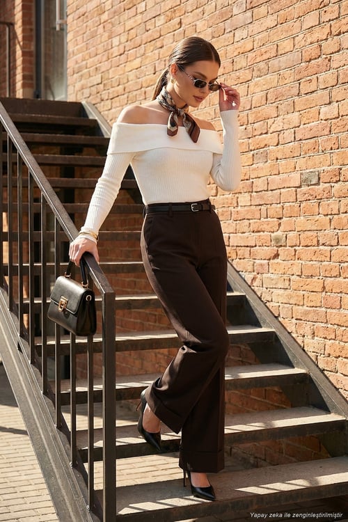 Wide Leg Yüksek Bel Kıvırma Detaylı Bol Paça Kemerli Kadın Pantolon 6923841 KAHVE
