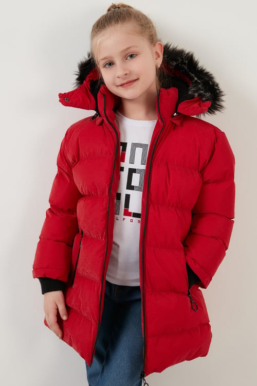 Yakası Suni Kürklü Peluş Astarlı Çıkarılabilir Kapüşonlu Dar Kesim Kışlık Kız Çocuk Mont 5760002 KIRMIZI