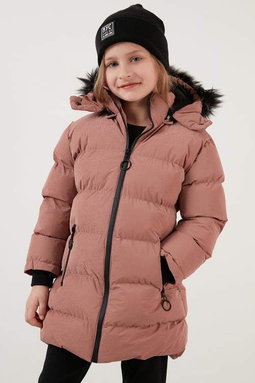 Yakası Suni Kürklü Peluş Astarlı Çıkarılabilir Kapüşonlu Dar Kesim Kışlık Kız Çocuk Mont 5760002 PUDRA