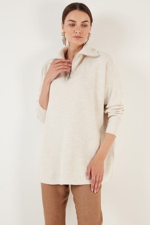 Yarım Fermuarlı Oversize Triko Kadın Kazak 4616079 KREM