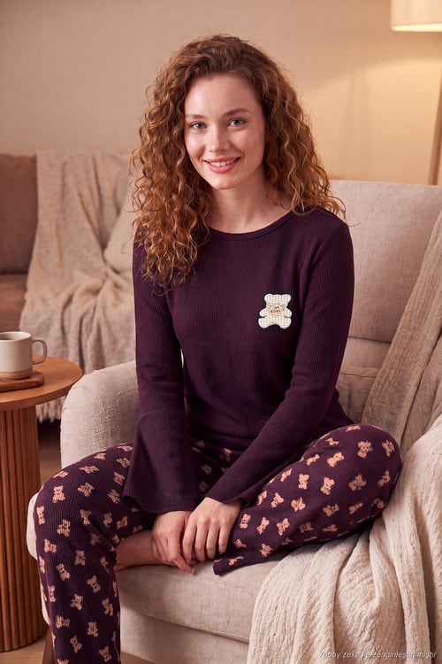 Yumuşak Dokulu Desenli Uzun Kollu Kadın Pijama Takımı 6575018 KAHVE