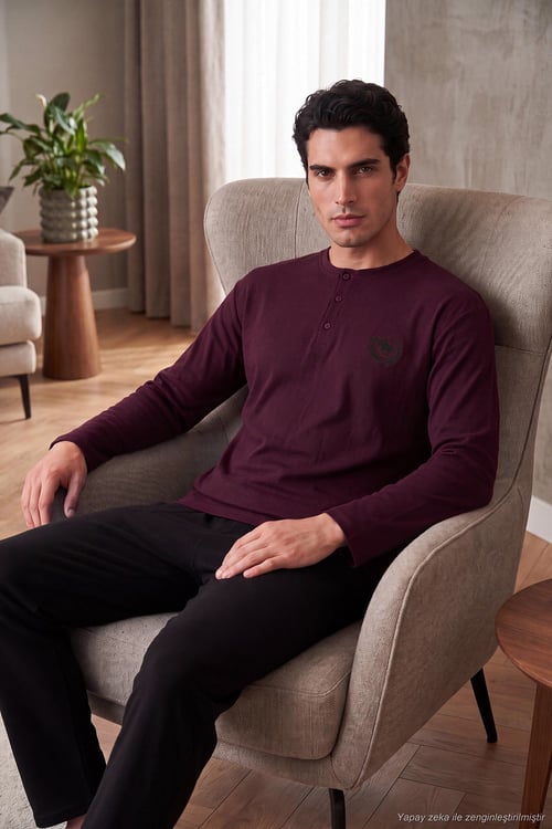 Yumuşak Dokulu Düğmeli Bisiklet Yaka Erkek Pijama Takımı 6575011 BORDO