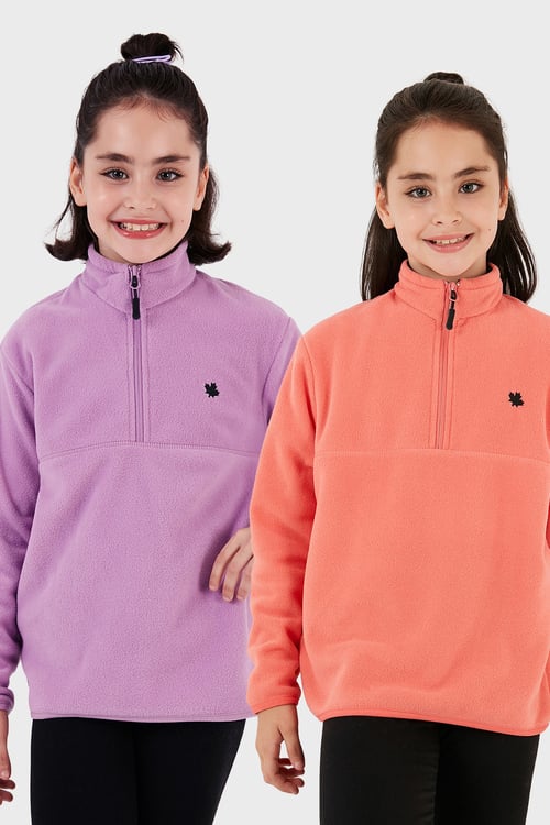 Yumuşak Dokulu Fermuarlı Dik Yaka Şardonlu 2'li Paket Çocuk Polar 5905002S2 Lila-Somon