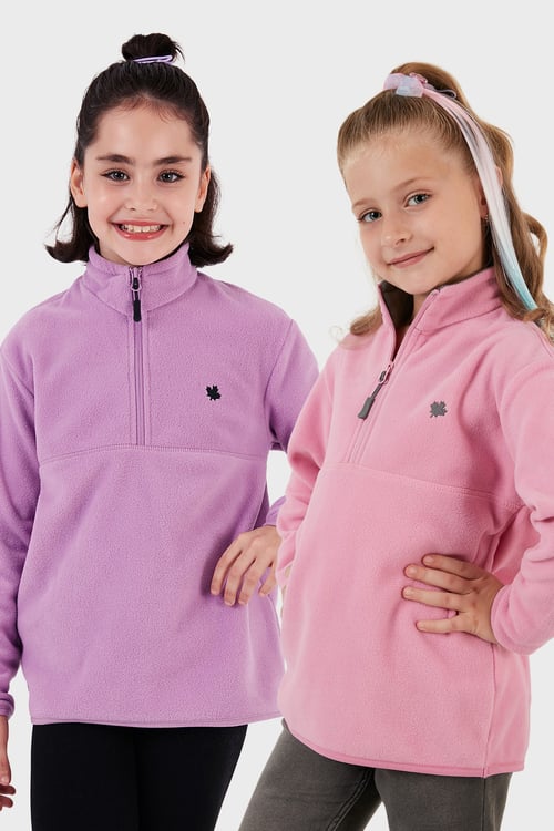 Yumuşak Dokulu Fermuarlı Dik Yaka Şardonlu 2'li Paket Çocuk Polar 5905002S2 Lila-Şeker Pembe