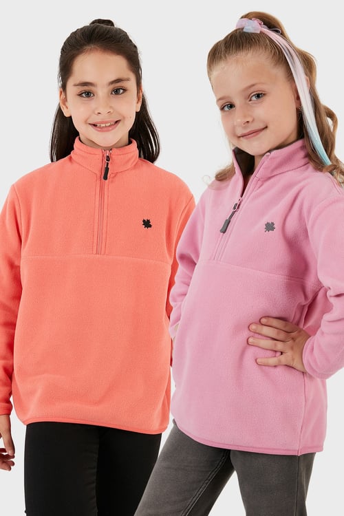 Yumuşak Dokulu Fermuarlı Dik Yaka Şardonlu 2'li Paket Çocuk Polar 5905002S2 Somon-Şeker Pembe