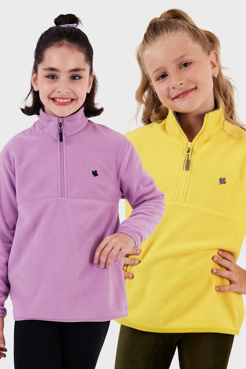 Yumuşak Dokulu Fermuarlı Dik Yaka Şardonlu 2'li Paket Çocuk Polar 5905002S2 Lila-Sarı