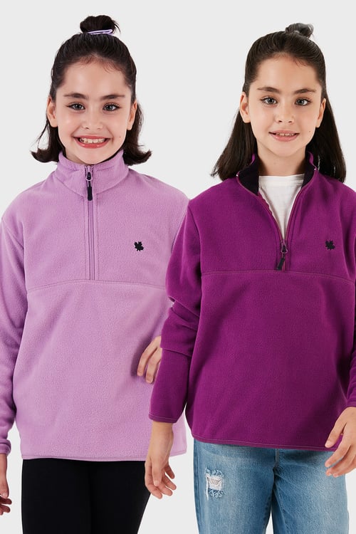 Yumuşak Dokulu Fermuarlı Dik Yaka Şardonlu 2'li Paket Çocuk Polar 5905002S2 Lila-Mor