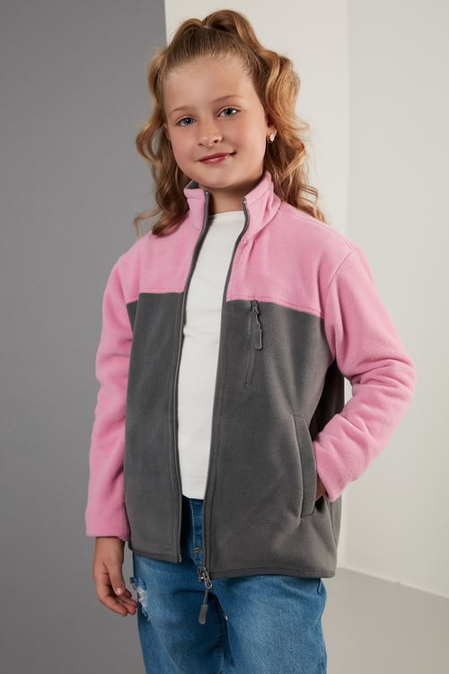 Yumuşak Dokulu Fermuarlı Renk Bloklu Dik Yaka Cepli Hırka Unisex Çocuk Polar 5905001 Şeker Pembe-Gri