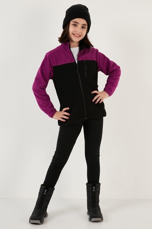 Yumuşak Dokulu Fermuarlı Renk Bloklu Dik Yaka Cepli Hırka Unisex Çocuk Polar 5905001 MOR-SİYAH