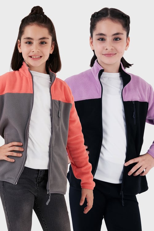 Yumuşak Dokulu Fermuarlı Renk Bloklu Dik Yaka Cepli 2'li Paket Hırka Çocuk Polar 5905001S2 Lila Siyah-Somon Gri