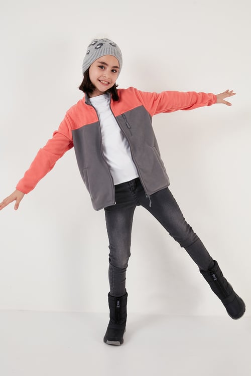 Yumuşak Dokulu Fermuarlı Renk Bloklu Dik Yaka Cepli Hırka Unisex Çocuk Polar 5905001 SOMON-GRİ