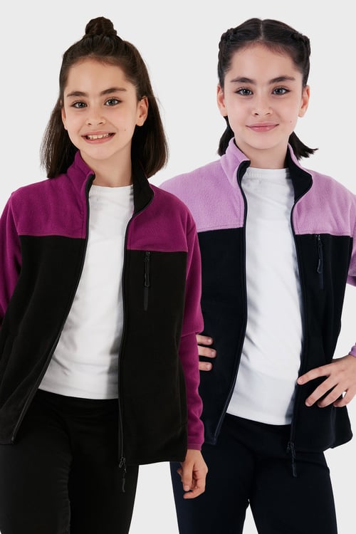 Yumuşak Dokulu Fermuarlı Renk Bloklu Dik Yaka Cepli 2'li Paket Hırka Çocuk Polar 5905001S2 Lila Siyah-Mor Siyah