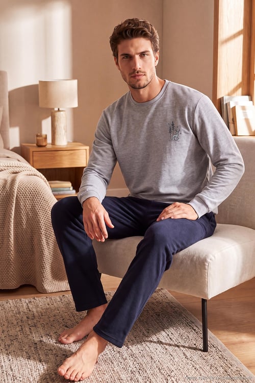 Yumuşak Dokulu Minimal Nakışlı Uzun Kollu Erkek Pijama Takımı 6575009 GRİ MELANJ