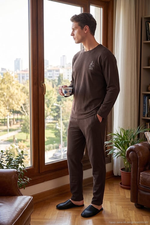 Yumuşak Dokulu Minimal Nakışlı Uzun Kollu Erkek Pijama Takımı 6575009 KAHVE