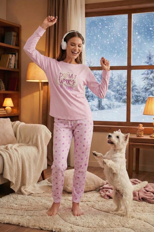 Yumuşak Dokulu Standart Fit Bisiklet Yaka Desenli Kışlık Rahat Kadın Pijama Takımı 6095700 AÇIK PEMBE